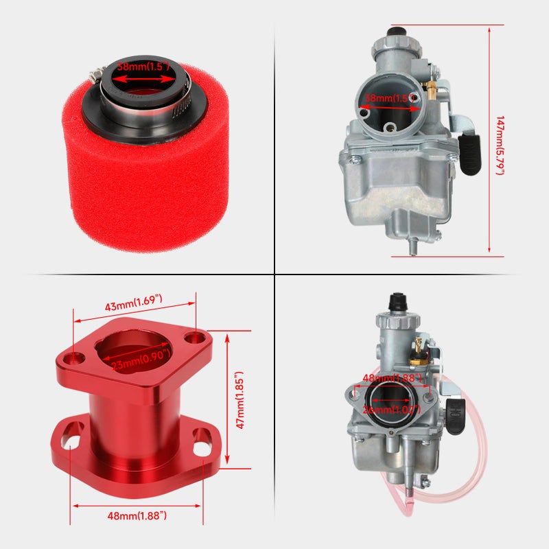 FVRITO VM22 Racing Performance Carburetor Carb for Predator 212cc 196cc Coleman CT200U BT200X KT196 Mini Bike Go Kart GX160 GX200 6.5HP OHV Clone Engine with Intake Manifold 38mm Air Filter Parts Red - Image 3